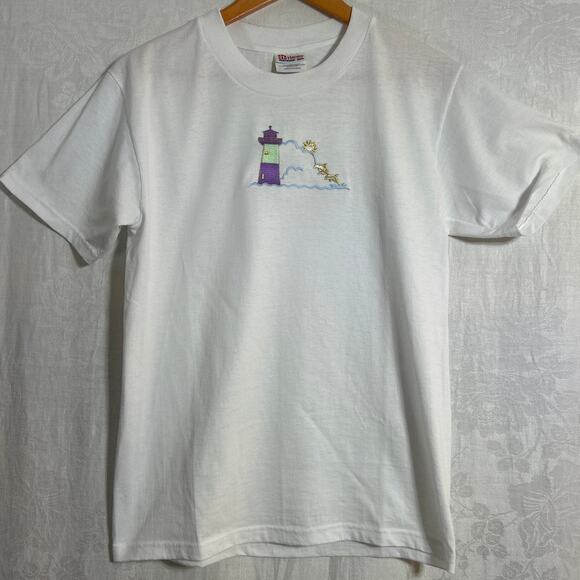 Vintage Tops - Vintage T Shirt Embroidered Lighthouse Dolphins Small White Crew USA